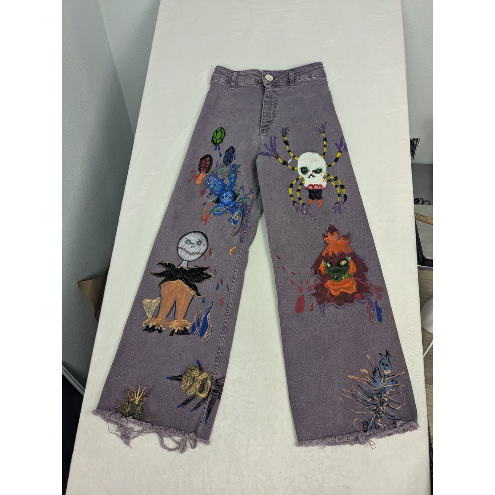 Jeans Zara Women 4 Purple Custom Hand Painted Wide Leg Halloween Skellington